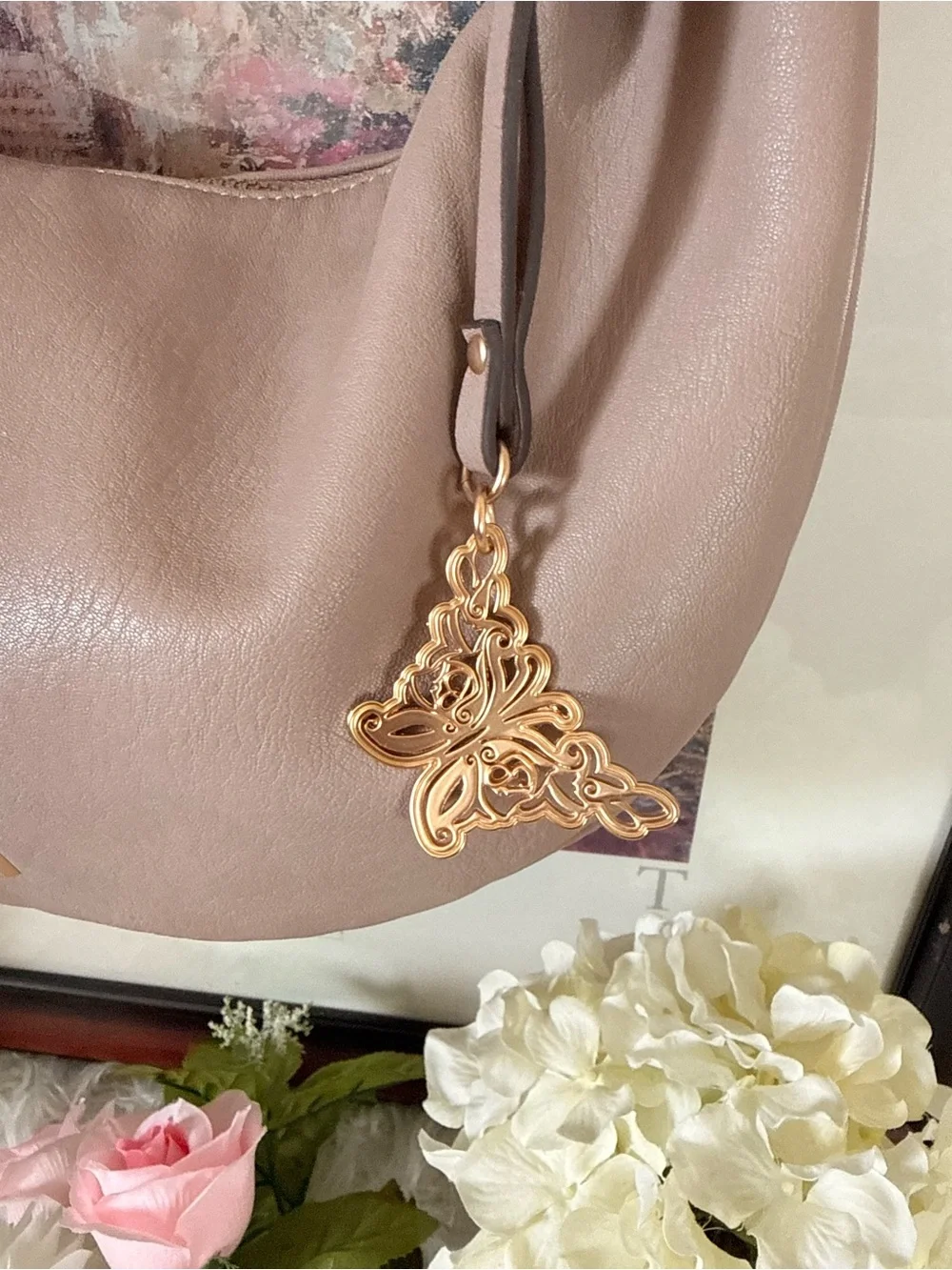 Excellent Pre-loved Condition- HoboTaupe Shoulder Hobo Bag with Decorative Charm